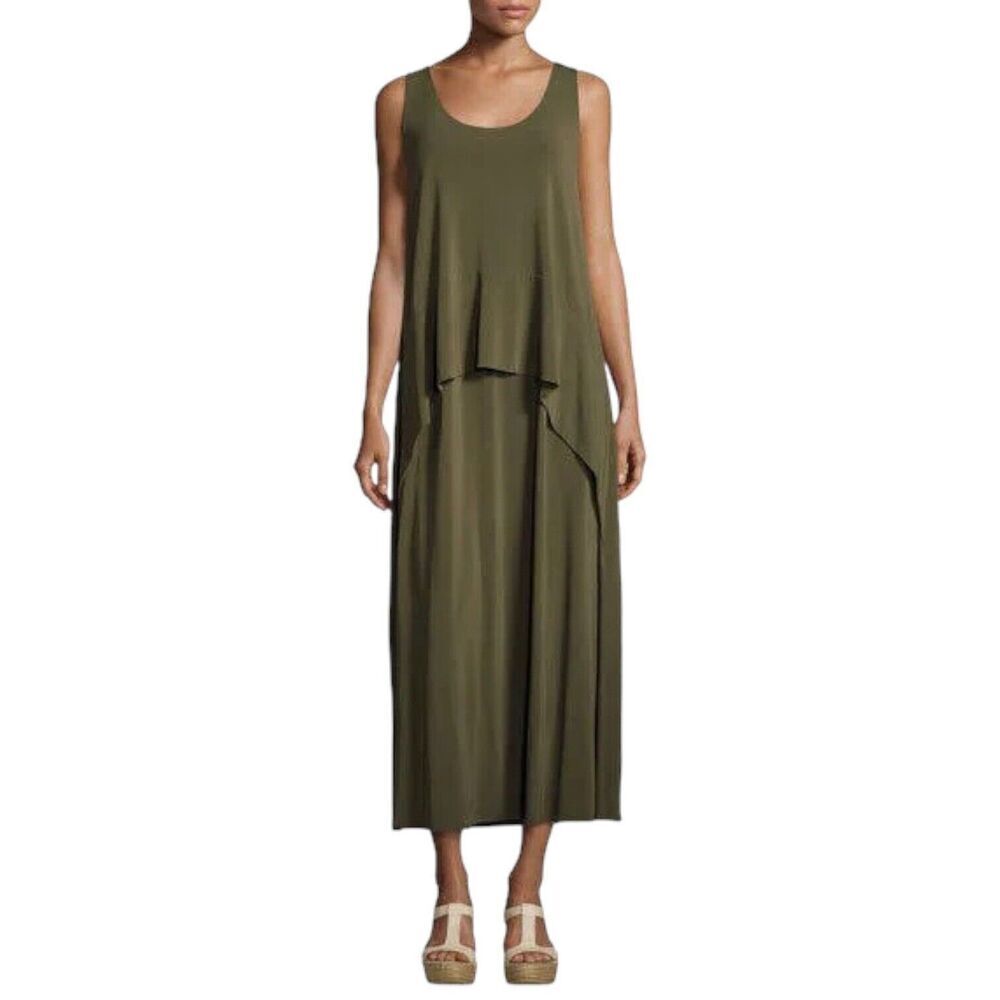 LAFAYETTE 148 New York Dress Olive Green Jersey Maxi Sleeveless Slit Size XS